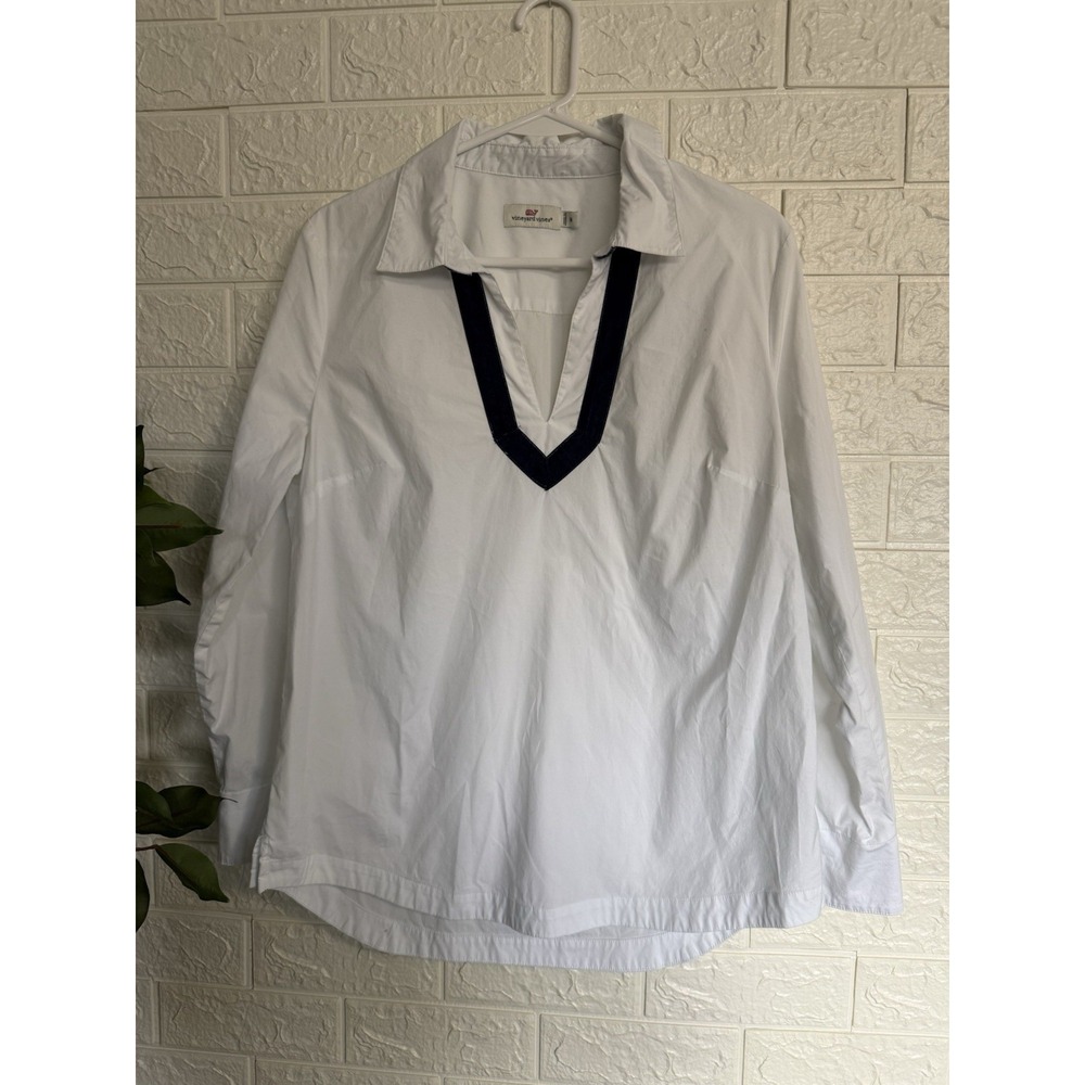 Vineyard Vines Womens White Long Sleeve Cotton Pullover Shirt Velvet Trim Size M